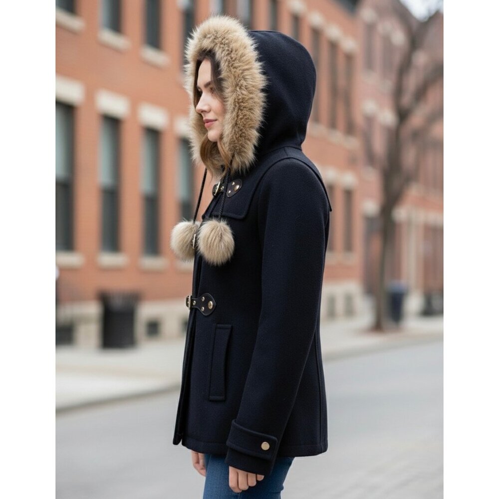 VTG Juicy Couture Black Wool Blend Faux Fur Trim Hooded Toggle Coat| Y2K Mobwife - Picture 10 of 16